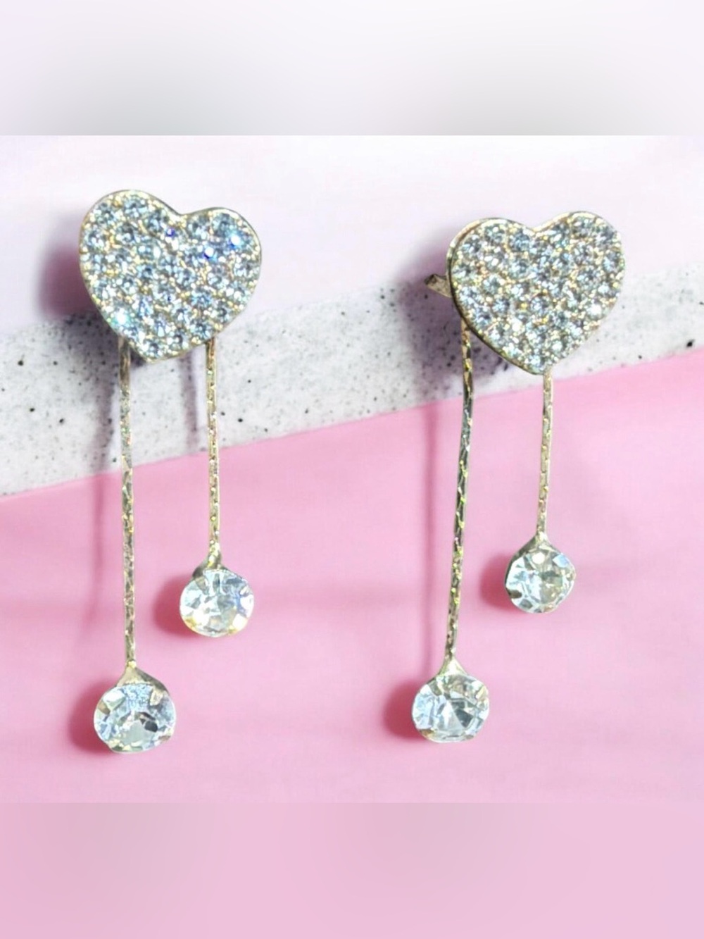 Heart Crystal Drop Earrings - Gold tone and Clear